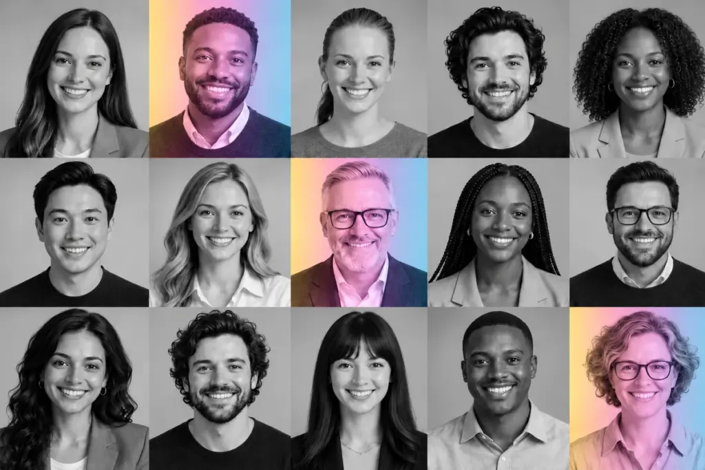 Collage of fifteen smiling professionals of different ages and backgrounds in black and white, three with soft rainbow colour accents