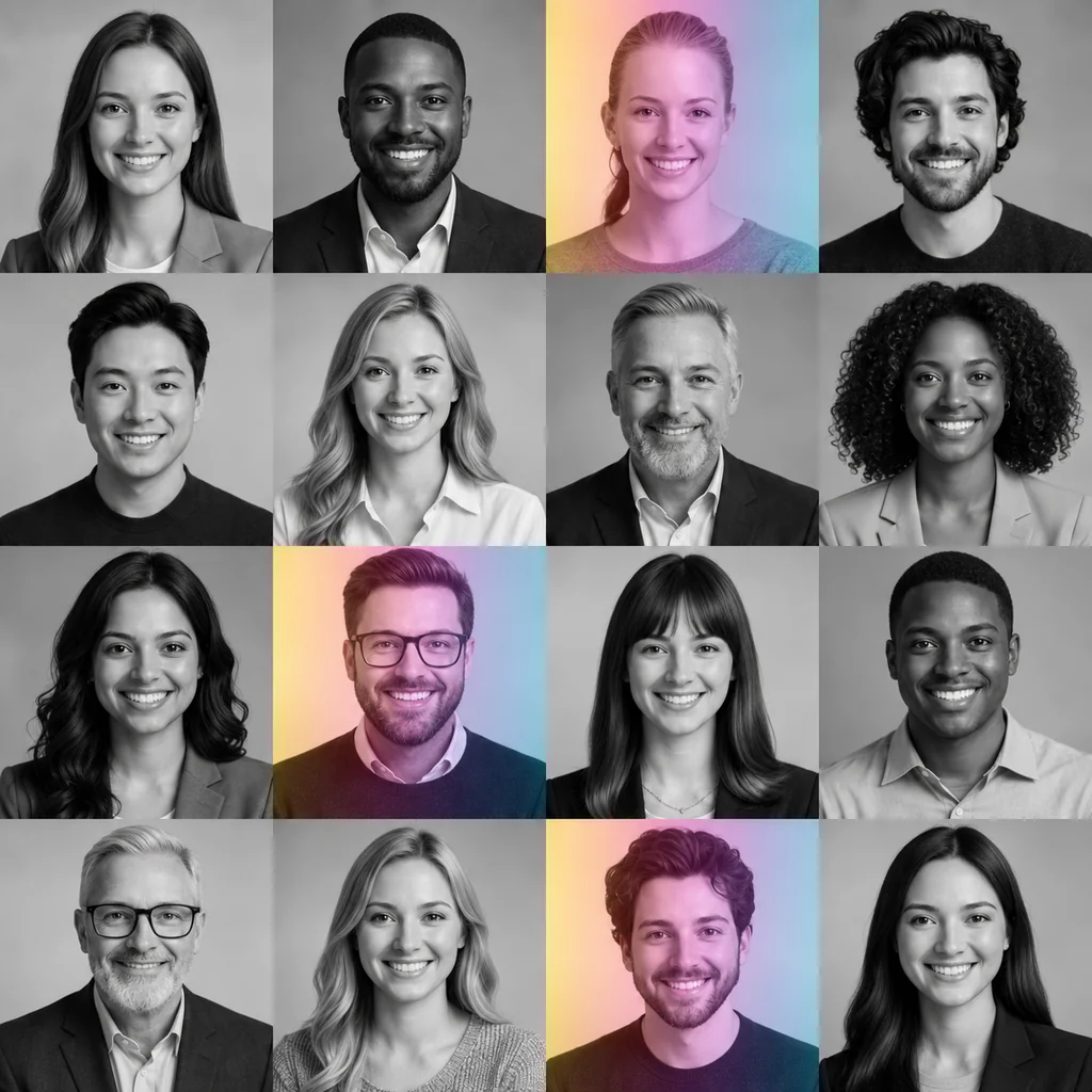 Grid of sixteen diverse professionals smiling in black and white, with rainbow colour accents on three portraits