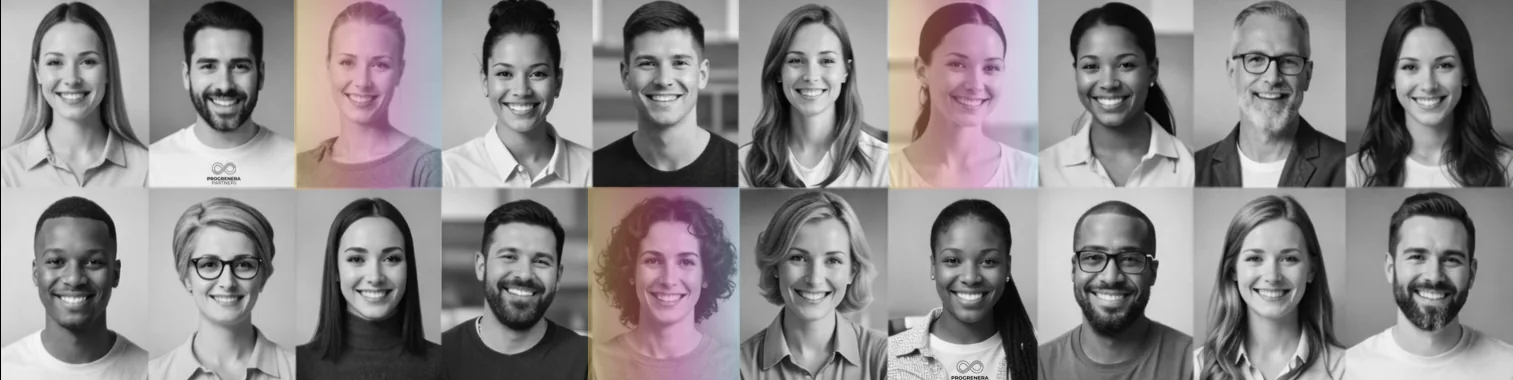 Two rows of diverse professional portraits in black and white with pastel colour accents